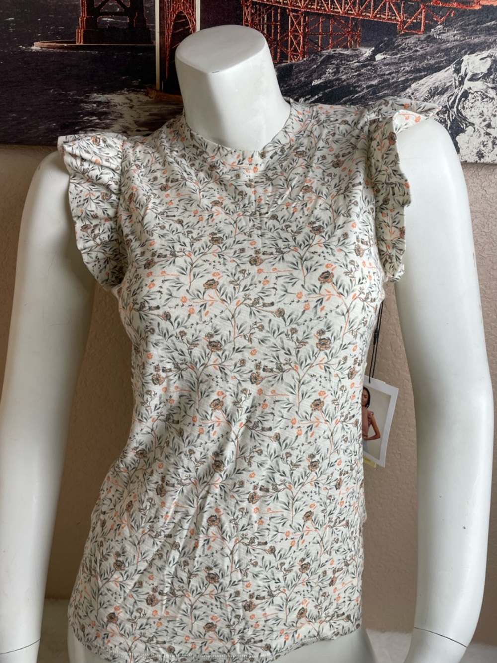 Nation LTD Floral Ruffle Tank in Cream, Peach & Green